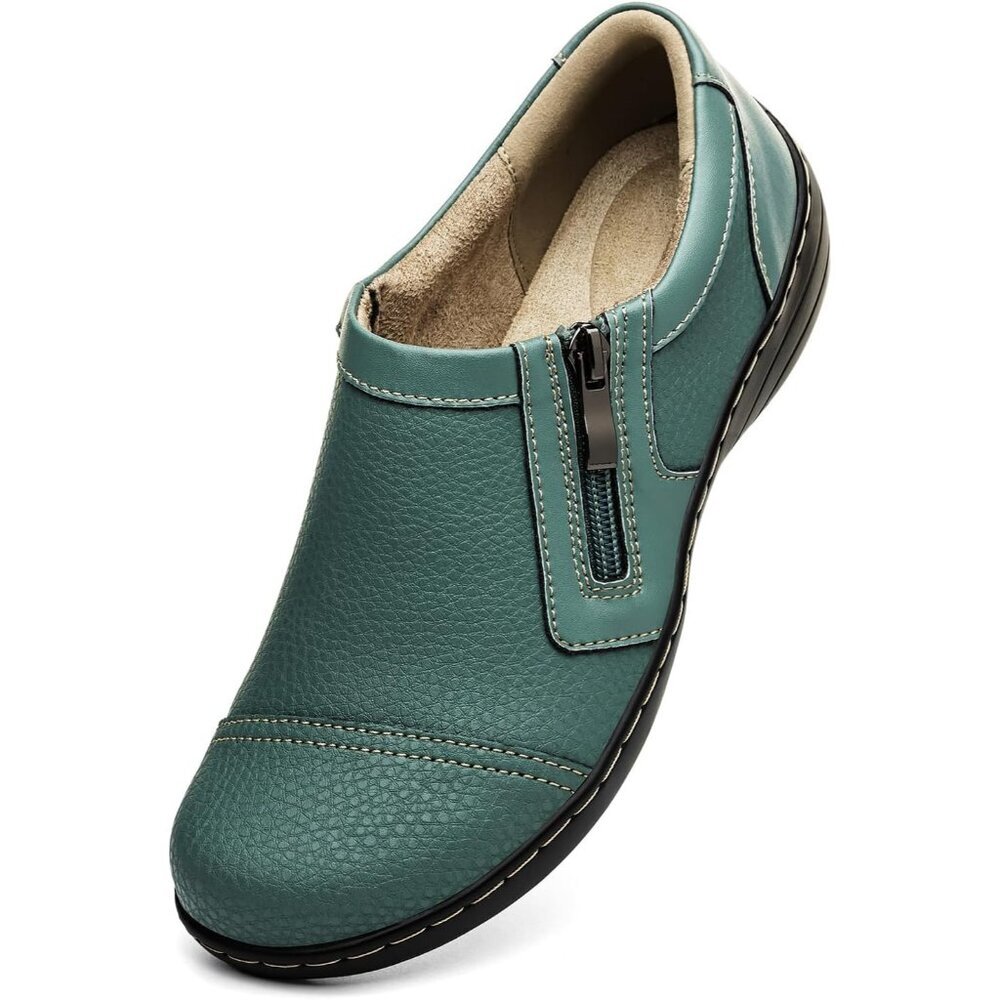 〽️Womens Comfortable And Lightweight Green Leather Loafers Casual Zipper Closure